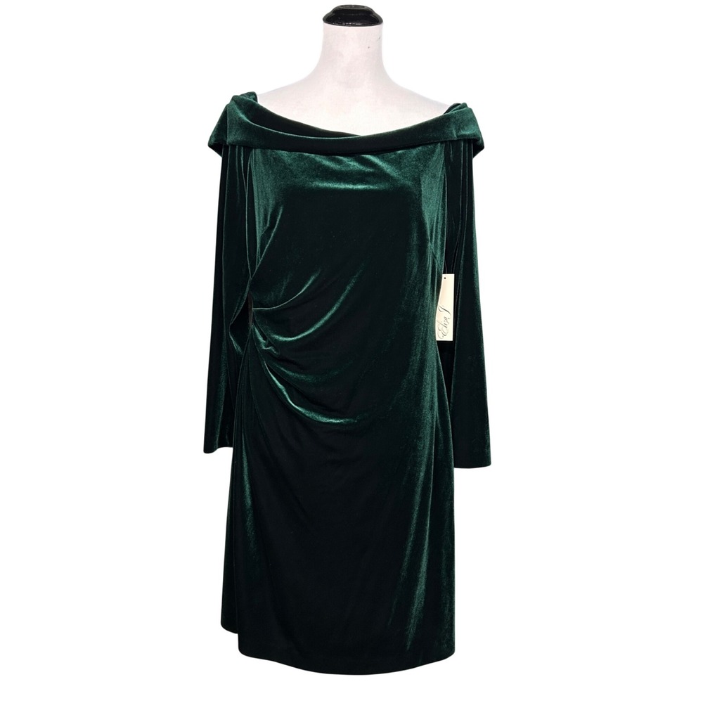 NWT Eliza J Velvet Off The Shoulder Sheath Dress Women 16 Green Ruched Cocktail